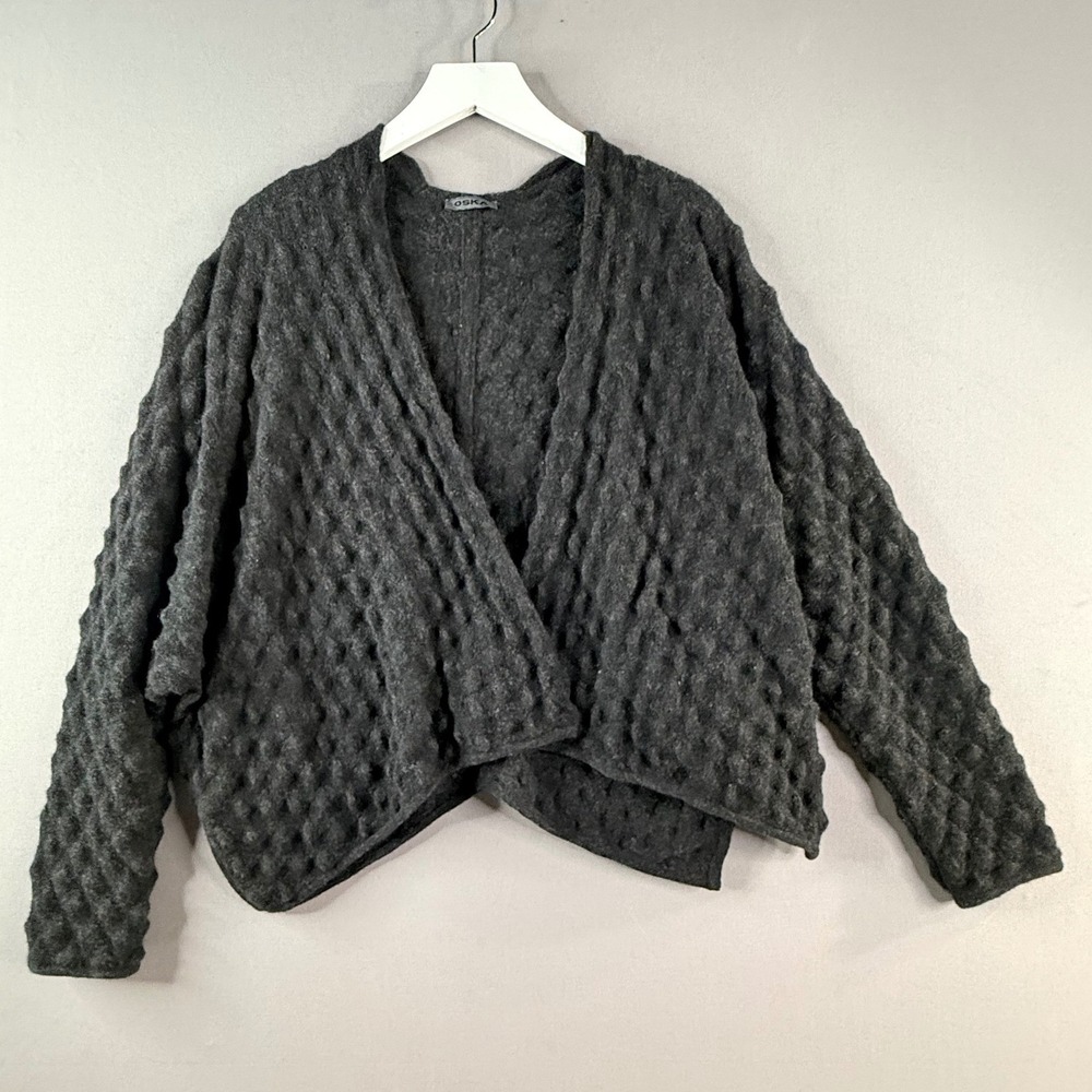 Oska Wool Cardigan Sweater Women OS Gray Bubble Texture Wool Lagenlook Oversized